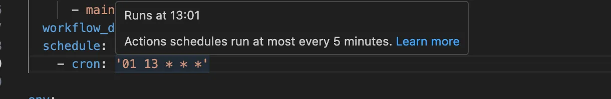 GitHub Actions vs code extension displaying a helpful tooltip